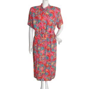 NORM THOMPSON Dress, Vintage 20, Red, Floral print, Matching Belt, Buttons